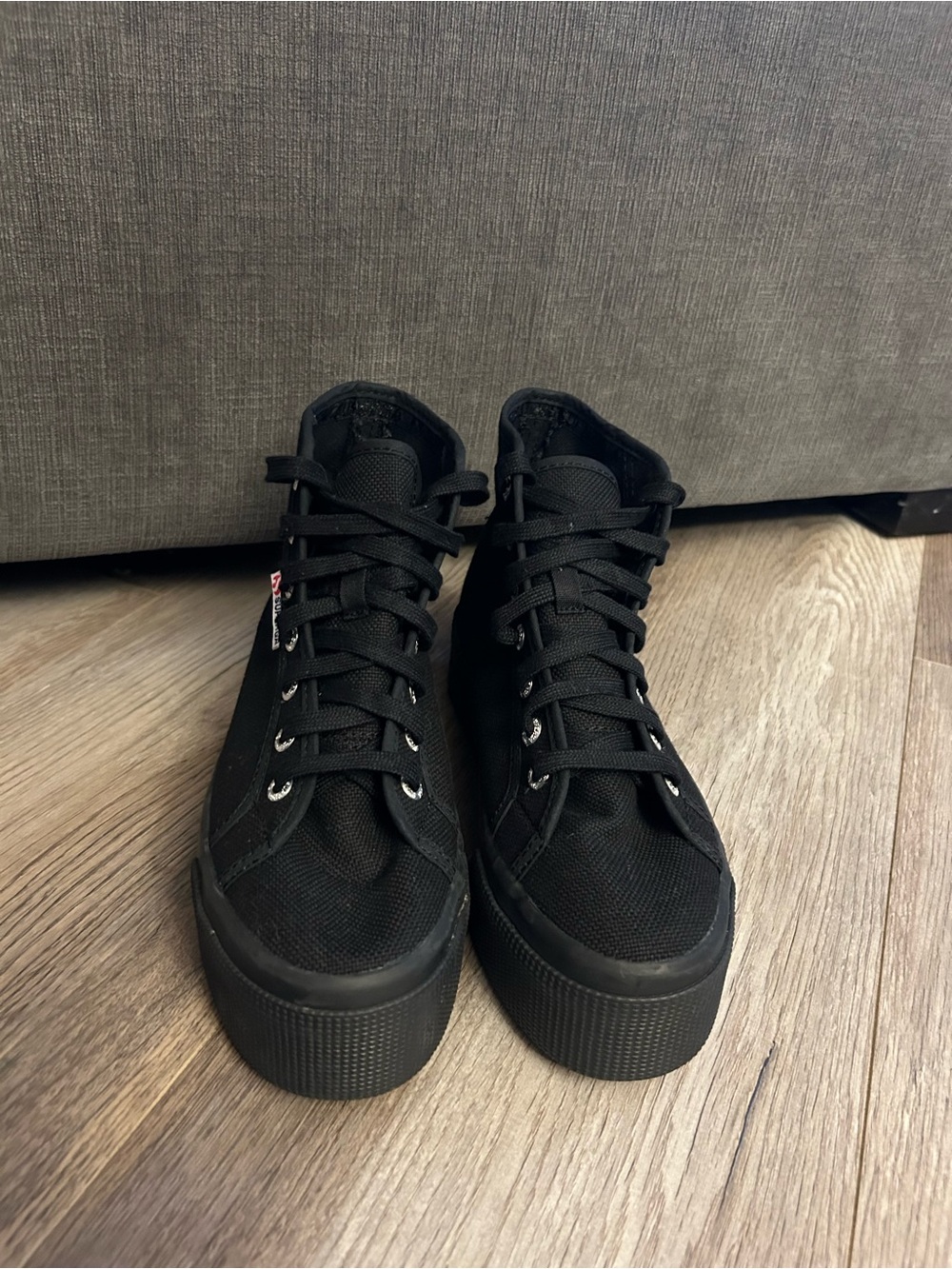 Superga High-Top Black Canvas Platform Sneakers with Black Soles, Women Size 7.5 - Picture 2 of 7